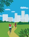 Deliverymen cycling in empty city park vector