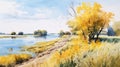 Tranquil Watercolor Landscape: Dnieper River Dell With Willow Trees