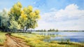 Dnieper River Dell Watercolor Painting With Willow And Poplar Trees