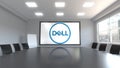 Dell Inc. logo on the screen in a meeting room. Editorial 3D rendering
