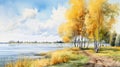 Dnieper River Dell Watercolor Landscape With Willow Trees & Blue Sky