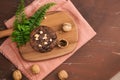 Dellicious homemade chocolate walnut muffin on table. Ready to eat Royalty Free Stock Photo