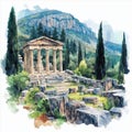 Delphi Archaeological Site. Delphi Archaeological Site hand drawn watercolor illustration
