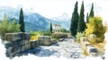 Delphi Archaeological Site. Delphi Archaeological Site hand drawn watercolor illustration