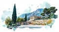 Delphi Archaeological Site. Delphi Archaeological Site hand drawn watercolor illustration