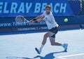 Professional tennis player Cameron Norrie of Great Britain in action during his quarter-final match at the 2022 Delray Beach Open