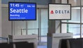 DELTA AIR LINES flight from Amsterdam airport schiphol to Seattle. Editorial 3d rendering