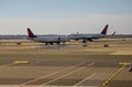 Delta Airlines jet planes, airport terminal gates Servicing F. Kennedy International Airport. Delta Airlines