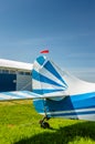 Delta, British Columbia - May 7, 2019: Side view of tail rudder and elevators of Aeronca Chief 11BC aircraft at airpark. Royalty Free Stock Photo