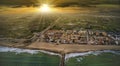 Delta del Ebro Ebre on sunset light in Deltebre from drone of Tarragona