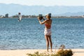 People practicing kite Surfing in Platja del Trabucador in the Delta del Ebro, Tarragona, Spain in summer 2020