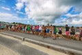 Delta flight ready to take off,Tourists receiving jet blast at Maho Beach Royalty Free Stock Photo