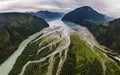Delta of glacial river with green grass aerial view Royalty Free Stock Photo