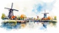 Delta Of Netherlands: Watercolor Illustration Of Windmills And Houses