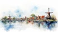 Delta Of Netherlands: Watercolor Painting Of A Calm And Dreamlike Rural Village