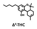Delta-8-tetrahydrocannabinol D8-THC molecule. Isomer of Delta-9-THC. Skeletal formula.