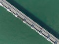 Overhead top down view of Oosterschelde barrier closable storm surge barrier and road. The Delta Works water flood Royalty Free Stock Photo