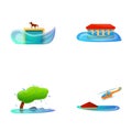 Deluge icons set cartoon vector. Rescue of people and animal