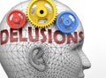 Delusions and human mind - pictured as word Delusions inside a head to symbolize relation between Delusions and the human psyche,