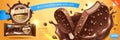 Deluxe chocolate ice cream bar ads. Premium ice bar in chocolate splash with glaze and crunchy nuts on warm