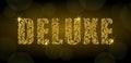 DELUXE. Letters  from a floral ornament with golden glitter and sparks on a dark background with bokeh. Royalty Free Stock Photo