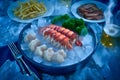 Deluxe seafood platter with lobster tail, sunlight glowing over ice, open side for fine dining text Royalty Free Stock Photo