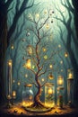 The Illuminated Jars: Bare Trees and Alchemical Symbols in a Fantastic Forest. AI generated
