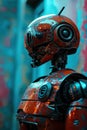 Close-up of an old robot against a grunge background.