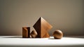 geometric shapes in a minimalist composition featuring a single wooden sculpture