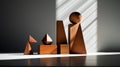 geometric shapes in a minimalist composition featuring a single wooden sculpture