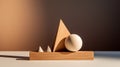 geometric shapes in a minimalist composition featuring a single wooden sculpture