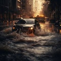 Corrential Turmoil: Street Submerged by Car-Engulfing Flood