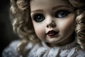 Close-up of haunted doll with big eyes. paranormal photography