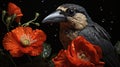 Raven\'s Reverie: Crow Among Red Poppies on Black Canvas