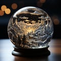 christmas snow globe. illuminated snowy mountains and trees, inside a glass crystal ball. sitting on a wooden table. Royalty Free Stock Photo