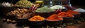 Vibrant color different food spices on dishes