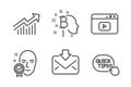 Demand curve, Video content and Incoming mail icons set. Bitcoin think, Face verified and Quick tips signs. Vector