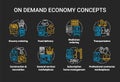 On demand economy chalk concept icons set. Commercial services industry, consumerism idea. E commerce, modern business