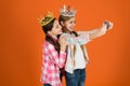 Demand more attention. Kids wear golden crowns symbol princess. Warning signs of spoiled child. Avoid raising spoiled Royalty Free Stock Photo