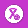 Dementia awareness glyph color icon. Red ribbon with the brain.