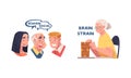 Dementia disease prevention tips set. Remain social and brain strain cartoon vector illustration