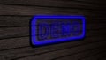 Demo blue color neon fluorescent tubes signs on wooden wall. 3D rendering, illustration, poster, banner. Inscription, concept on