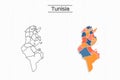 Tunisia map city vector divided by colorful outline simplicity style. Have 2 versions, black thin line version and colorful versio