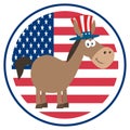 Democrat Donkey Cartoon Character With Uncle Sam Hat Over USA Flag Label