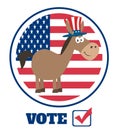 Democrat Donkey Cartoon Character With Uncle Sam Hat Over USA Flag Label With Text Vote