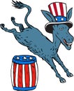 Democrat Donkey Mascot Jumping Over Barrel Cartoon