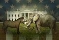 Democrat Donkey and Republican Elephant Face Off in Front of the White House Royalty Free Stock Photo