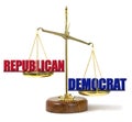 DEMOCRAT outweighing REPUBLICAN on a golden scale representing Democratic control in politics