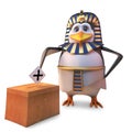 Democratic Egyptian penguin pharaoh Tutankhamun votes in all the elections, 3d illustration