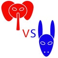 Democratic emblem and Republican sign against each other debate, election, politics red and blue, elephant vs. donkey isolated